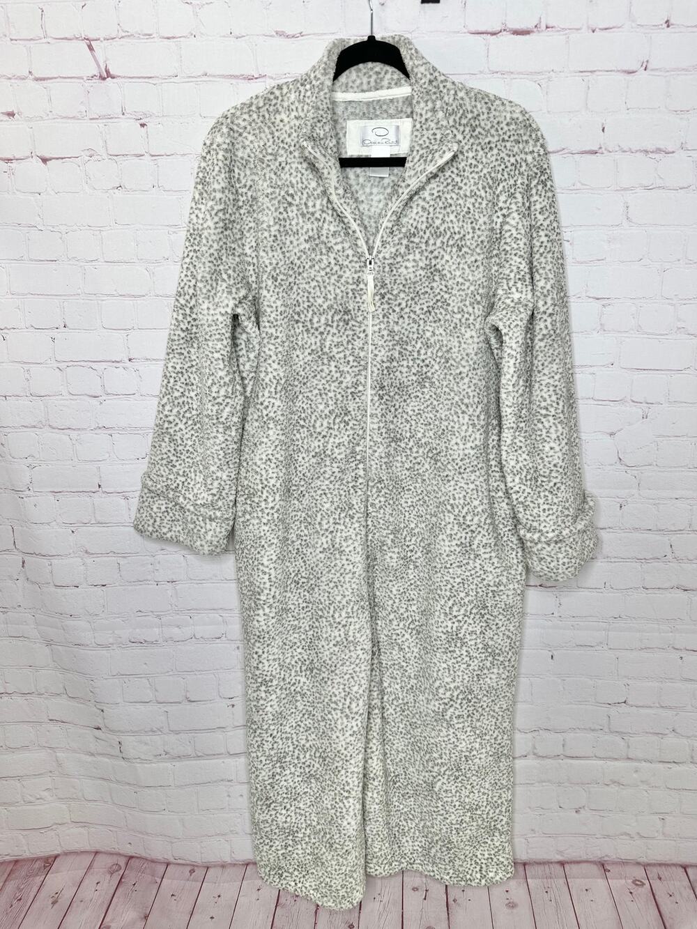 Oscar De La Renta White Gray Animal Print Fleece Zip Robe Women's XL Housecoat - Picture 1 of 9